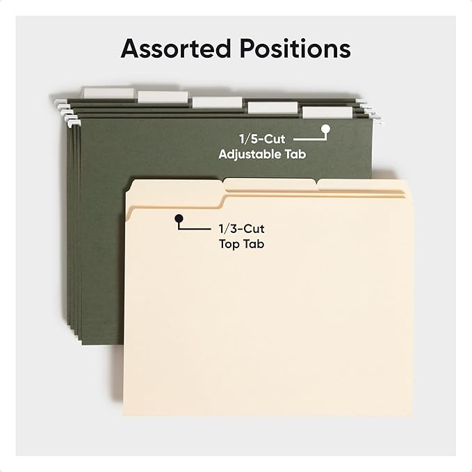 Smead Hanging File Folder, 1/5-Cut Adjustable Tab, Letter Size, Standard Green, Hanging Folders for Filing Cabinets, File Organizer Folder, 24 Per Box (92007)