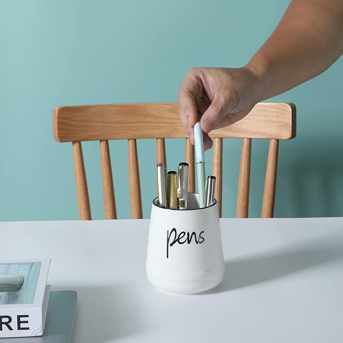 LEEOTYI Ceramic Farmhouse Pen Holder for Desk, Pencil Organizer 16 oz (White)