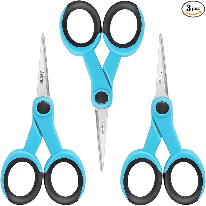 5” Detail Scissors, Embroidery Scissors with Sharp Stainless Steel Blade and Soft Handles, Great for Sewing, Craft, Office and School, 3 Pcs, Blue/Black