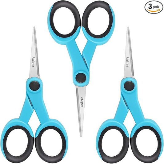 5” Detail Scissors, Embroidery Scissors with Sharp Stainless Steel Blade and Soft Handles, Great for Sewing, Craft, Office and School, 3 Pcs, Blue/Black