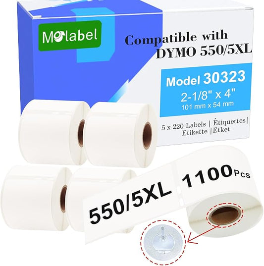 Replacement for DYMO 30323 (2-1/8" x 4") Shipping/Name Badge Labels, Compatible with DYMO Labelwriter 450, 4XL, 550,5XL Rollo & Zebra Desktop Printers [5 Rolls/1100 Labels]