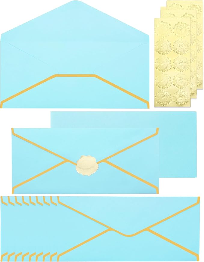 Business Envelopes with V-Flap,Gold Border 30 Pack #10 Envelopes Made of 150gsm Paper, Standard Envelopes with Gold Stickers for Office, Checks, Letter Mailing,9.45 x 4.13 Inches (Light Blue)