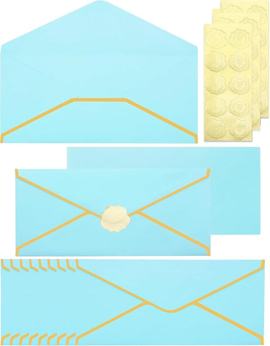 Business Envelopes with V-Flap,Gold Border 30 Pack #10 Envelopes Made of 150gsm Paper, Standard Envelopes with Gold Stickers for Office, Checks, Letter Mailing,9.45 x 4.13 Inches (Light Blue)
