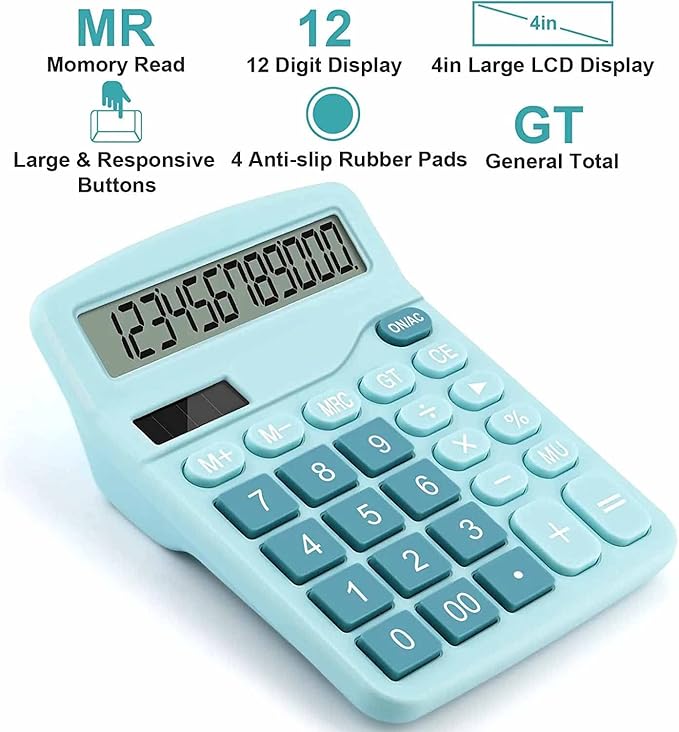 Office Desk Calculator, Cute Calculator for Kids, Basic Calculators Desktop, Dual Power Simple Financial Calculator with Big Button Large Display for Office Home and School (Blue)