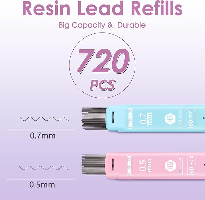 Mechanical Pencil Set with Cute Pencil Case, 12x Pastel Mechanical Pencils 0.5 & 0.7mm with 720x HB Leads, 4x Erasers and 1x Sticky Note, Suitable for Writing, Drafting Drawing Sketching(purple)