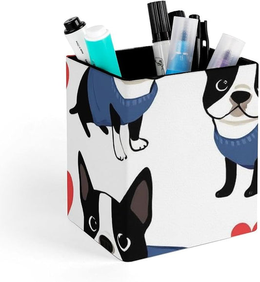 Pen Holder Square Leather Pencil, Holder Cup Makeup Brush Storage Organizer, Waterproof Multifunctional Office Supplies Boston Terrier Bulldog