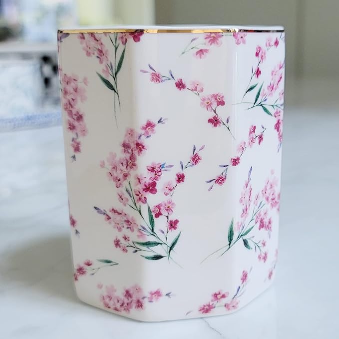 Pen Holder Stand for Desk Floral Pattern Pencil Cup for Girls Kids Durable Ceramic Desk Organizer Makeup Brush Holder for Office Classroom Home Pink Flowers