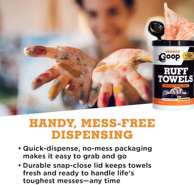 GOOP Orange Heavy Duty Ruff Towels with Scrubbing Power, 10” x 12” Dual Textured Multi-Purpose Cleaning Wipes, Removes Dirt, Grease, Oil, 72 Count (Pack of 2)