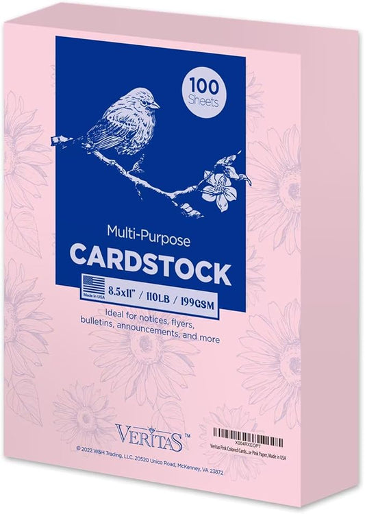 Veritas Pink Colored Cardstock, 8.5" x 11" Colored Copy paper, 110LB/199GSM Printer Paper, 100 Sheets, Colored Multi-Purpose Pink Paper, Made in USA