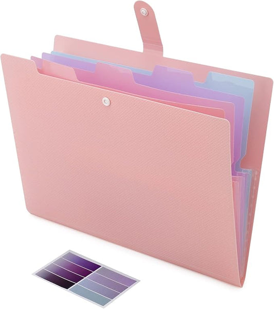 NAFY Colorful Expanding File Folder, 5 Pockets Folder with Colored Labels Portable Weave Pattern Accordion File Folder A4 Letter Size Project Organizer Document Folder for Office School (Pink)