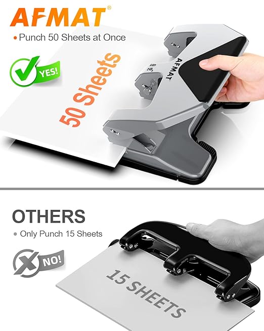 AFMAT HP20 Heavy Duty 3 Hole Punch, 60% Reduced Effort, 50-Sheet 3 Hole Puncher for Binder, 10,000+ Uses, Metal Three Hole Punch for Home Office School, w/Large Chip Tray, Paper Guide