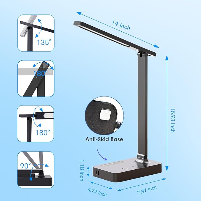 LAOPAO Desk Lamp with USB Charging Port: Power Strip with Surge Protection - 1 Type-C, 1 USB-A Charging Port, 2 AC Power Outlets, Desk Lamps for Home Office College Dorm Room Essentials