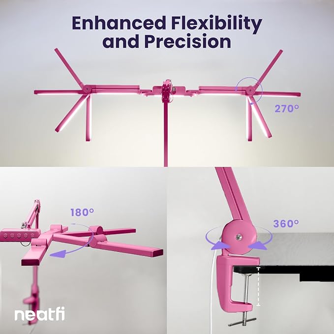 Neatfi (New Model) 3,000 Lumens LED Desk Lamp, Dimmable, 360 SMD LEDs, 30W, CRI 95, Adjustable Light Modes, Task Lamps for Home Office, Study Lamp, Desk Light Bar (CCT with Clamp, Pink, 44 Inches)