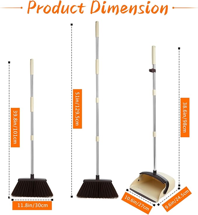 OOOFLOWER Broom and Dustpan Set, Dustpan Combo with 51" Stainless Steel Long Handle Brooms with 5-Layer Soft Bristles for Home Office Kitchen Bathroom(Beige)