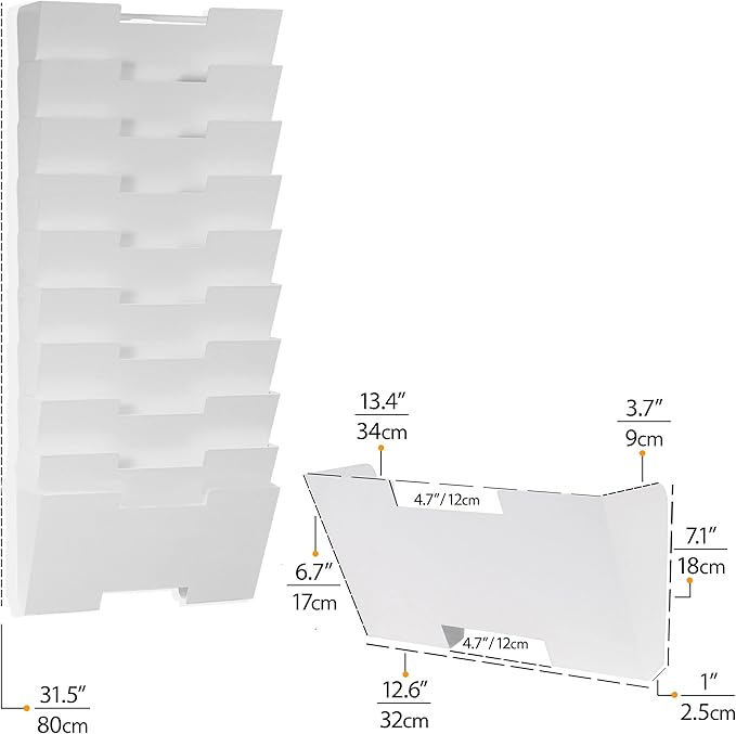 Wallniture Lisbon 10-Tier Wall Mounted File Holder and Desk Organizer, Metal White Office Organization and Storage Rack