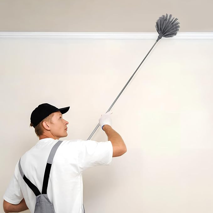 PRETYZOOM Extendable Cobweb Duster with Telescoping Pole and 3 Cleaning Heads Lightweight Spider Web Remover for High Ceilings and Outdoor Use Adjustable Length up to 94.5 Inches