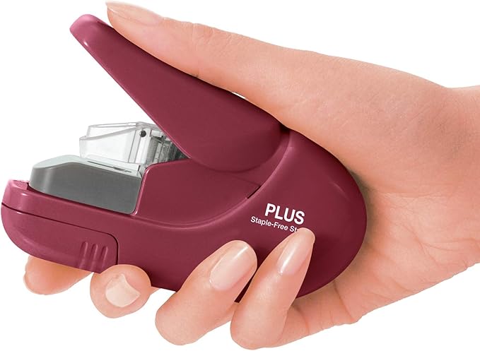 Plus Paper Clinch Compact Staple-Free Stapler, Burgundy Wine