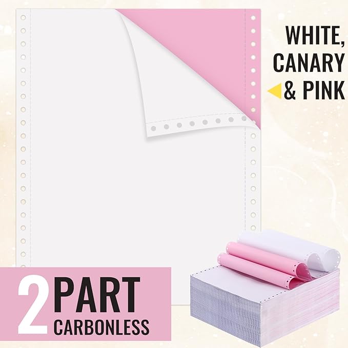 2000 Counts Continuous Feed Computer Paper Bulk 9-1/2'' x 11'' 2 Part Fanfold Left and Right Margin Perforated Carbonless Dot Matrix Printers Computer Plain Copy Paper White/pink Color