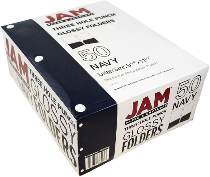 JAM PAPER Laminated Two Pocket Glossy 3 Hole Punch School Folders - Letter Size - High Gloss Navy Blue - Bulk 50/Box