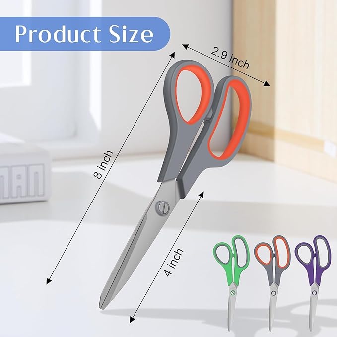 EKKEDO 6 Pack All Purpose Scissors, 8.3" Stainless Steel Scissor With Ergonomic Soft-Grip Handles, Sharp Blades Scissors for Office, School, Kitchen, Crafts, Sewing, Left and Right Hand Use (6 Colors)