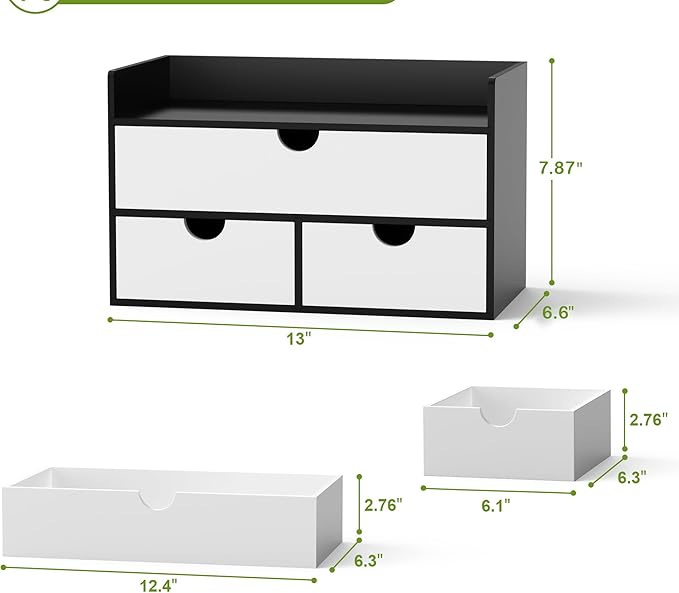 Wisuce Desk Organizer with Drawers - Bamboo Desktop Organizer Storage | Black-White Wood Desk Makeup Dresser Top Organizer for Cosmetics No Assembly Required