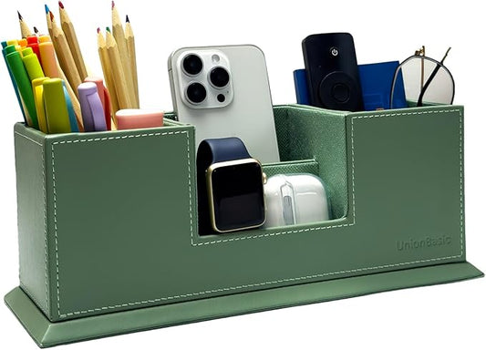 UnionBasic Desk Organizer, Desktop Caddy Leather Multi-compartment Pen Holder Office Stationer Organizer, Malachite Green