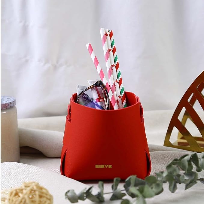 Bieye LSB004 Collapsible Leather Storage Bin Decorative Desk Organizer for Jewelry Makeup Pen Pencil Glasses Remote Controller Storage (Red, 4" WX4 LX4 H)