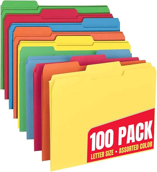 1InTheOffice Colored File Folders, Top-Tab File Folders, 3 Tab, 5 Assorted Colors, Letter Size, 100/Pack