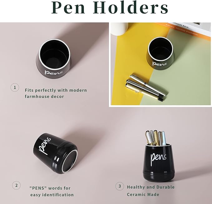 LEEOTYI Ceramic Farmhouse Pen Holder for Desk, Pencil Organizer 16 oz (Black)