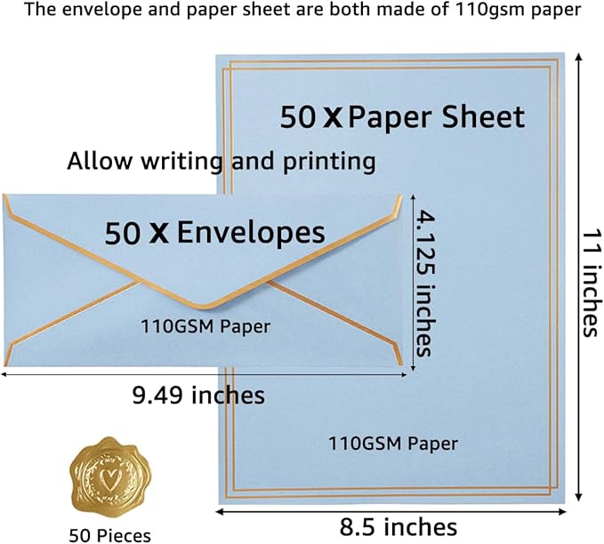 50 Pack 5 Colors Stationery Set with Gold Border, #10 Business Envelopes and 8.5x11 Paper Sheets and Stickers for Writing Letters (Blue)
