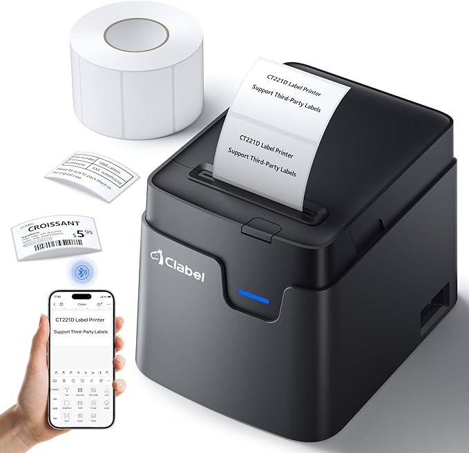 CLABEL Label Maker, Thermal Barcode Printer with No Bound Consumables, Bluetooth & USB Connection, Supports Various Sized 0.98"-1.96", Label Printer for Small Business