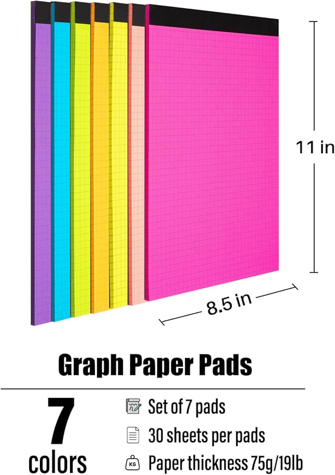 Colored Graph Paper Pad 8.5 x 11 Inches 7 Pack,30 Sheets Grid Notebook 4x4 Graph Ruled 7 Colors High Brightness Neon Pads Easy Tears Off 75 GSM/19 LB Paper for School,College,Office,Business