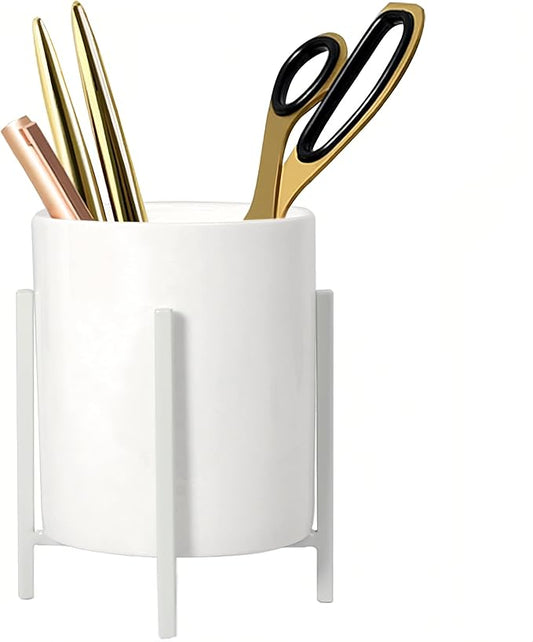 Ceramic Pen Holder for Desk, Durable Ceramic Pencil Cup Holder for Womens Girls, Makeup Cup for Brushes, with 4 Legs Metal Frame