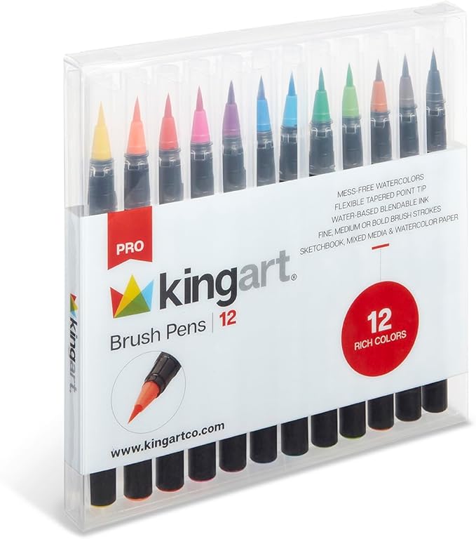 KINGART Pro Brush Pens, 12 Colors for Real Watercolor Painting with Flexible Nylon Brush Tips, Paint Markers for Coloring, Calligraphy and Drawing for Artists and Beginner Painters