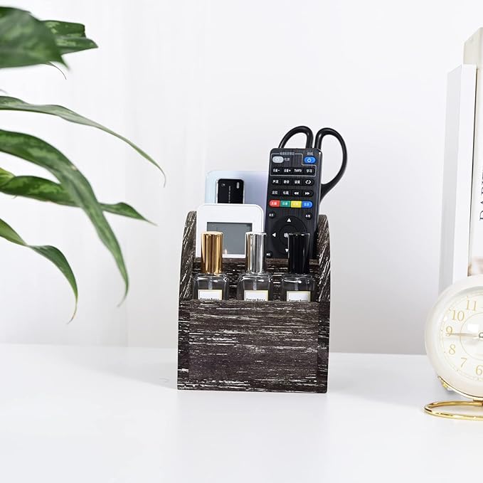 Rustic Brown Wooden Desk Organizer Farmhouse Wood Remote Control Caddy, Vintage 3 Slot Tabletop Desktop Office Supply Storage Rack Desktop TV Remote Control Holder Home Decor Office Supplies Storage