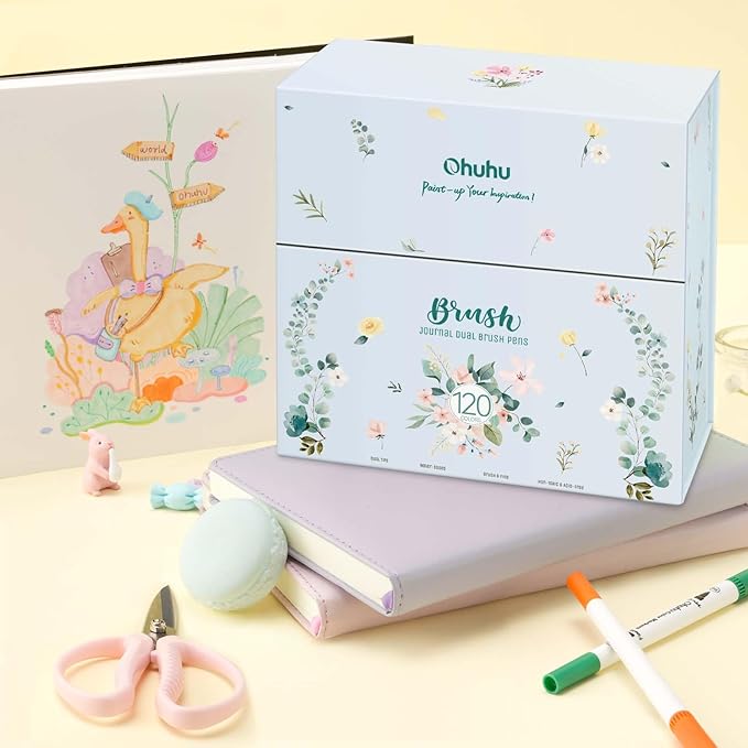 Ohuhu Markers for Adult Coloring Books No Bleeding 120 Colors Coloring Markers Water-based Dual Tips Fineliner & Brush Drawing Pens Art Pens for Kids Adults Sketch Journal - Maui - White