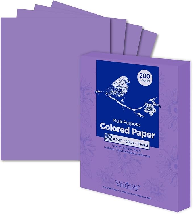 Veritas Colored Copy Paper, Purple Paper,Colored Printer Paper 8.5” x 11” Letter Size, 20 lb / 75 GSM, Purple, 200 Sheets, For Copy, Printer, Multi-Purpose, Made in USA
