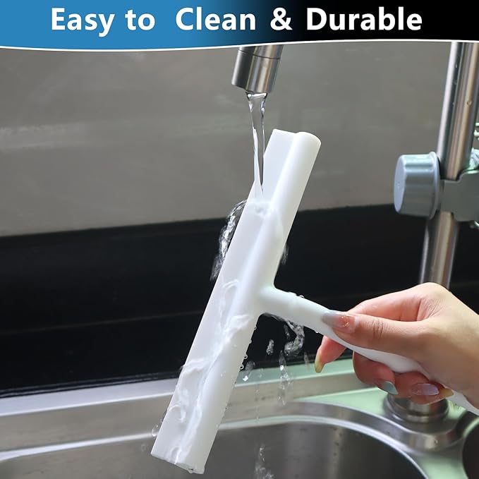 DEOFUXT Shower Squeegee for Glass Doors, Full Silicone Jacketed Squeegee with Ergonomic Handle & No-Drill Hook, Cleaning Tool for Windows, Mirrors, Tiles, Bathroom & Car - White