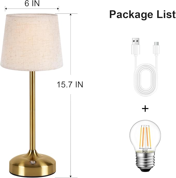 YAYZA! Cordless Table Lamp Adjustable Height Desk lamp, Fabric Shade 7500mAh Rechargeable LED Wireless Touch Night Light Stepless Dimming, 3 Color Temperatures with Edison Bulb (Short Gold - 1 Pack)