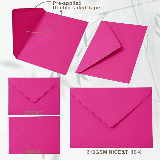 Whaline 50Pcs A7 Invitation Envelopes Set Hot Pink Greeting Card Envelopes V-Flap Envelopes Gift Card Sleeves for Valentine's Day Mailing Envelopes Sending Card, 7.3x5.3 Inch
