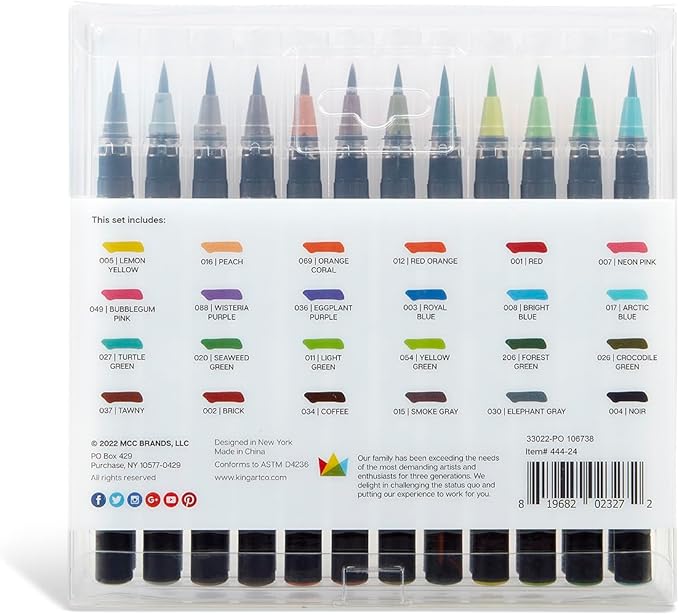 KINGART Pro Brush Pens, 24 Colors for Real Watercolor Painting with Flexible Nylon Brush Tips, Paint Markers for Coloring, Calligraphy and Drawing for Artists and Beginner Painters