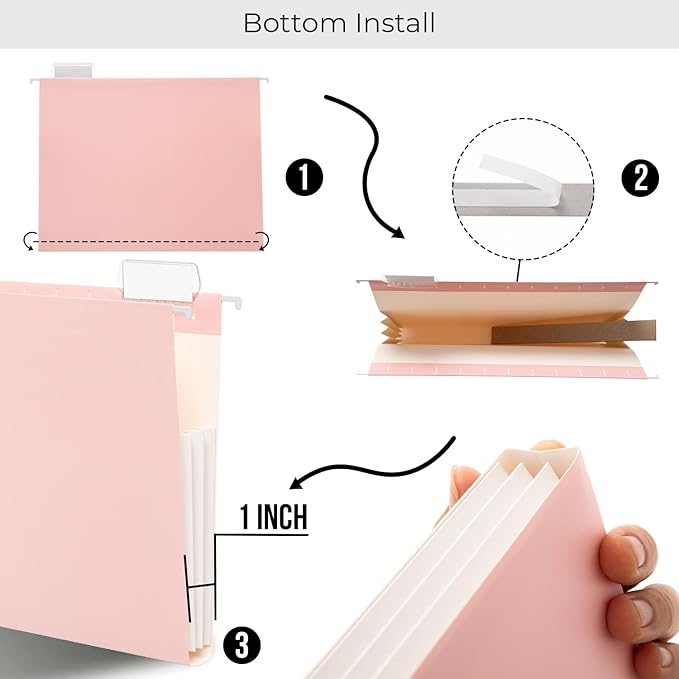 Y YOMA Letter Size - 24 Pack Extra Capacity Hanging File Folders Accordion Decorative Reinforced File Folder Cute Colored Expandable Folder for Office Home with 1/5-Cut Adjustable Tabs, Cute Pink