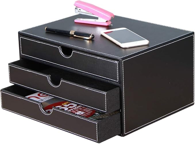 High-end PU Leather Desk Organizer File Cabinet Executive Office Supplies Desktop Filing A4 File Cabinet Stackable Storage Organizer Box with 3 Drawers (Black)…