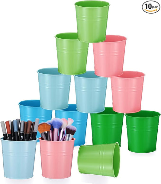 10 Pcs Metal Pen Holder, Colorful Desktop Pencil Cup, Mini Stationary Supplies Buckets, Round Makeup Brush Storage Organizers for Office Home School Classroom Accessory, 3.9 x 3.9 x 3.15 Inches