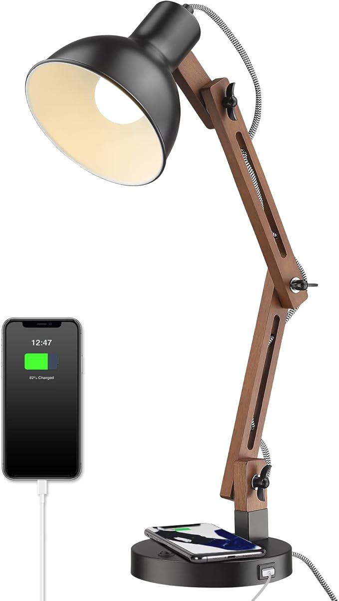 ELYONA LED Sapele Wood Desk Lamp with Upgraded Wireless Charger & USB C Charging Port Modern Table Lamp Swing Arm Bedside Reading Task Light for Dorm Office Bedroom Living Room Bulb Included Black
