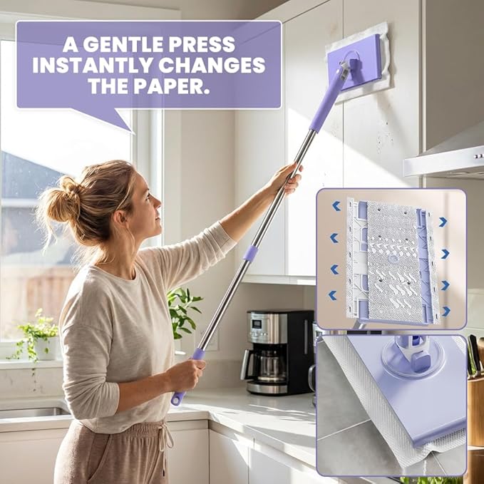 2026 Snap Grip Mini Mop Upgraded with 10 Pads| Zero Touch Hands-Free Cleaning Mop|27.5” & 36.5” Adjustable Handle Flat Dust Mop for Bathroom,Corners,Windows|No Wash, Wet & Dry Use (36.5”Purple)