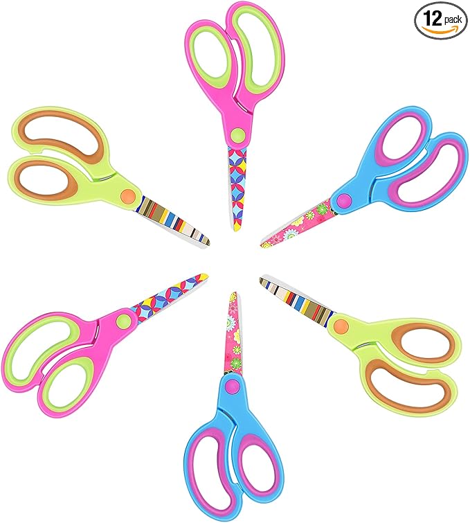 Kids Scissors, Blunt Tip Safety Children's Craft Scissors, Soft Grip, for Home and School, for Children 3 Years or Older, Pink, Blue, Fruit Green 6 Pairs