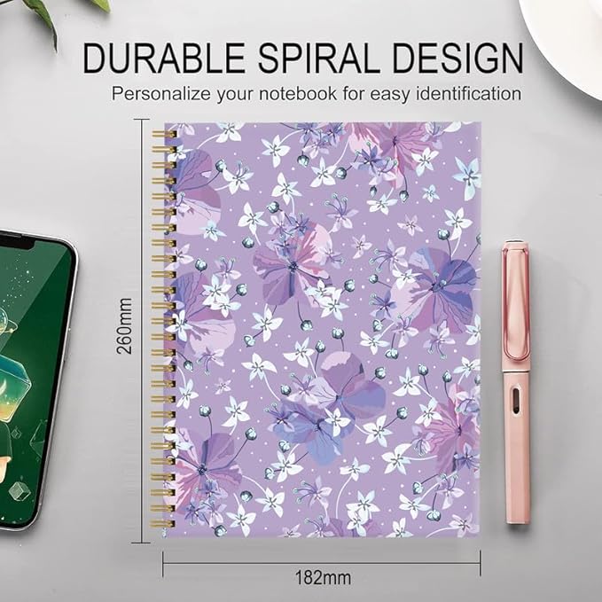 Spiral Journal Notebook for Women,A5 College Ruled Notebooks 6"x 8.4", 120 Pages (60 Sheets) Lined Journal with Premium Thick Paper,Perfect for School Office Home(Purple Floral)
