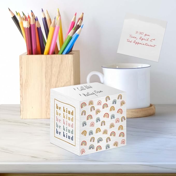 Be Kind Modern Rainbow Sticky Note Cube / 600 Sheets / 2.75" Memo Block Printed on 4 Sides/Different Boho Rainbow Design On Each Side/Made in The USA