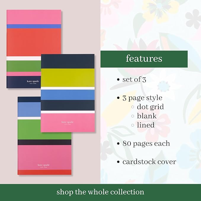 kate spade new york Soft Cover Triple Notebook Set, 3-Pack Lined Travel Journals with 80 Pages Per Book, Sunny Day Stripe
